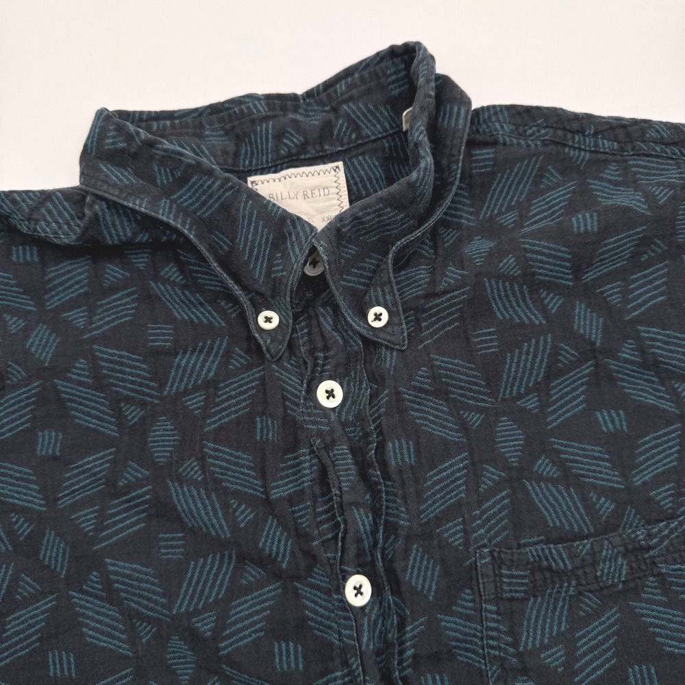 Billy Reid Mens XXL Button Down Short Sleeve Shirt Geometric Pattern Blue‎ Green